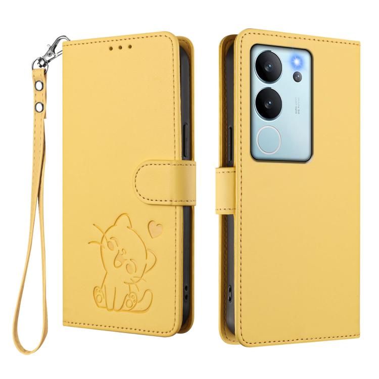 For vivo V29e / V30 Lite 5G / Y200 5G Global Embossed Heart Cat Leather Phone Case with Hand Strap