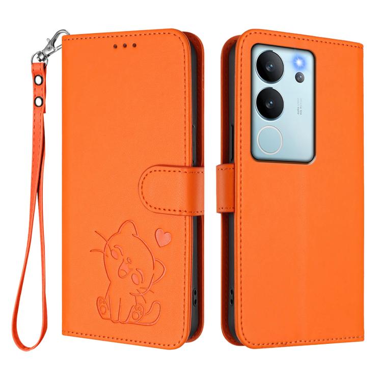 For vivo V29e / V30 Lite 5G / Y200 5G Global Embossed Heart Cat Leather Phone Case with Hand Strap