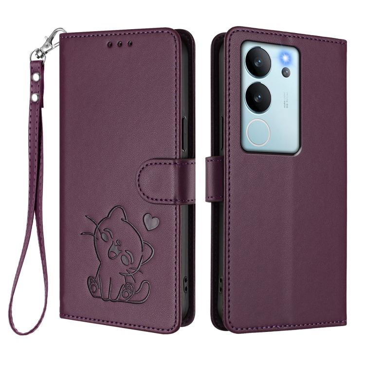 For vivo V29e / V30 Lite 5G / Y200 5G Global Embossed Heart Cat Leather Phone Case with Hand Strap