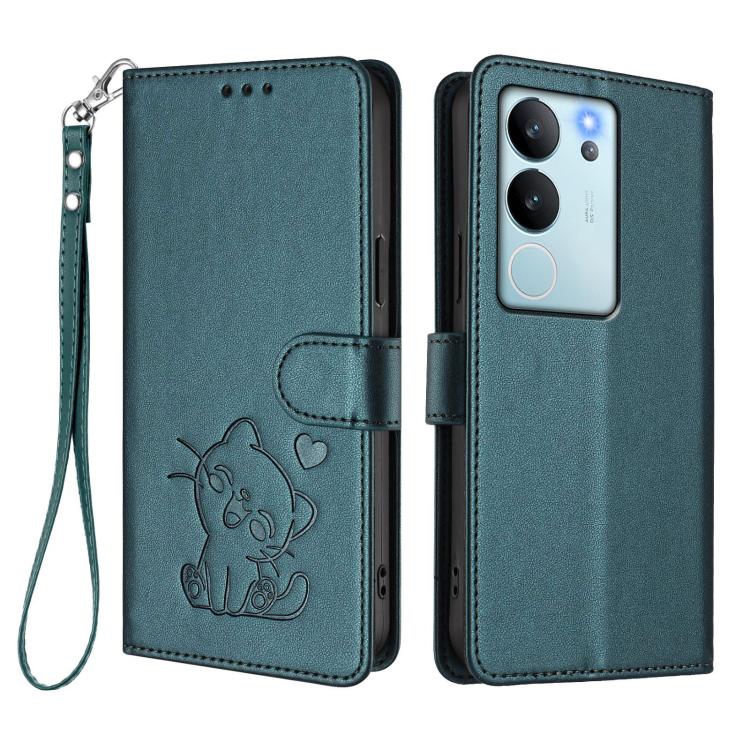 For vivo V29e / V30 Lite 5G / Y200 5G Global Embossed Heart Cat Leather Phone Case with Hand Strap