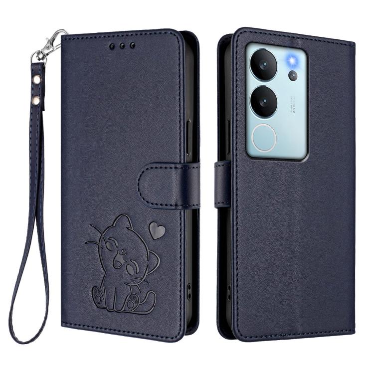 For vivo V29e / V30 Lite 5G / Y200 5G Global Embossed Heart Cat Leather Phone Case with Hand Strap