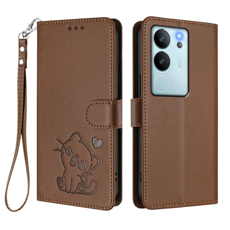 For vivo V29e / V30 Lite 5G / Y200 5G Global Embossed Heart Cat Leather Phone Case with Hand Strap