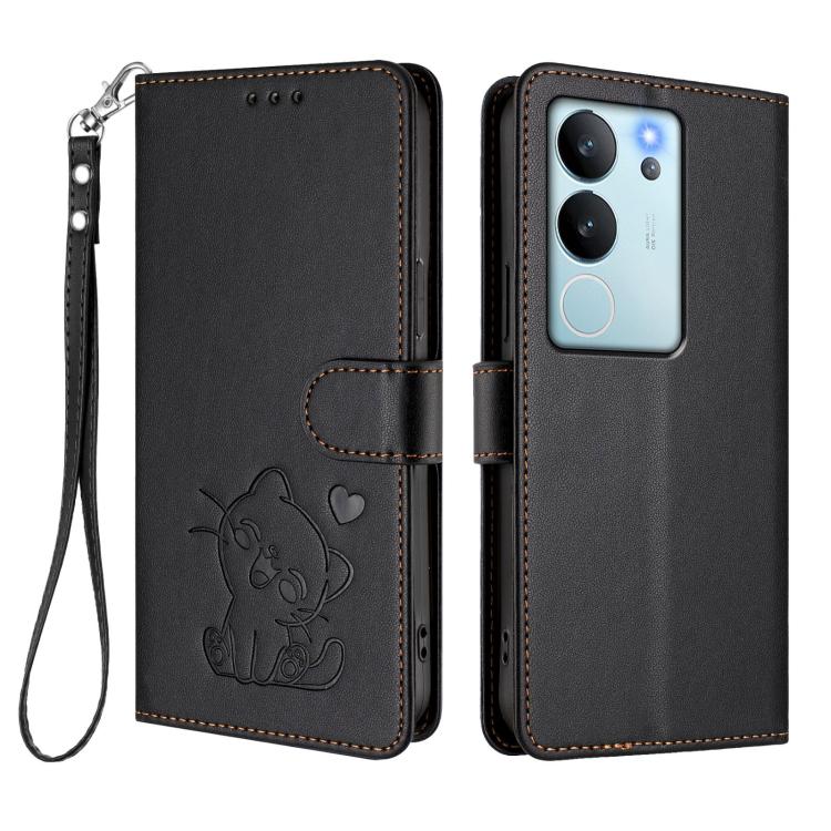 For vivo V29e / V30 Lite 5G / Y200 5G Global Embossed Heart Cat Leather Phone Case with Hand Strap