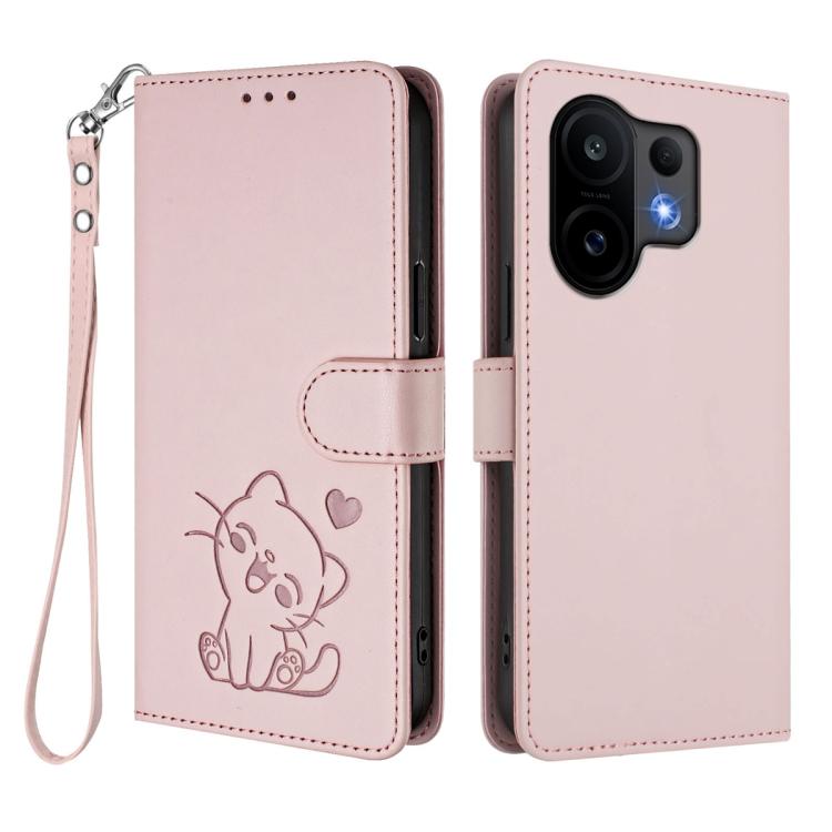 For vivo S30 Embossed Heart Cat Leather Phone Case with Hand Strap