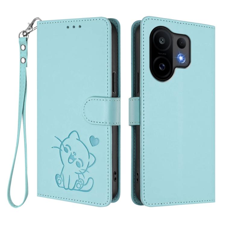 For vivo S30 Embossed Heart Cat Leather Phone Case with Hand Strap