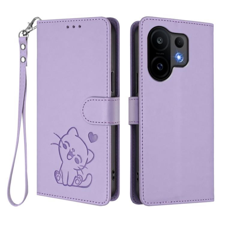 For vivo S30 Embossed Heart Cat Leather Phone Case with Hand Strap