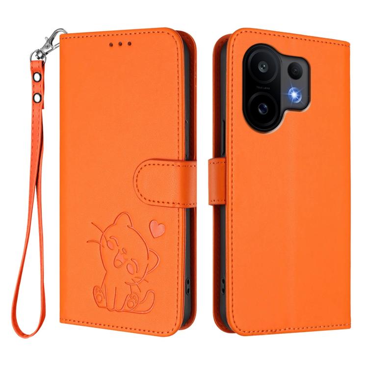 For vivo S30 Embossed Heart Cat Leather Phone Case with Hand Strap