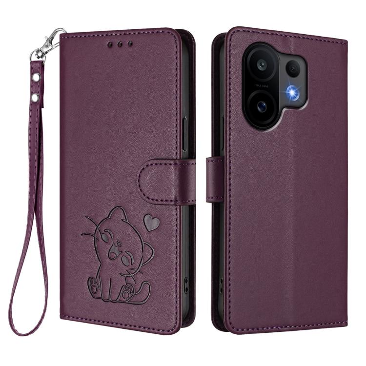 For vivo S30 Embossed Heart Cat Leather Phone Case with Hand Strap