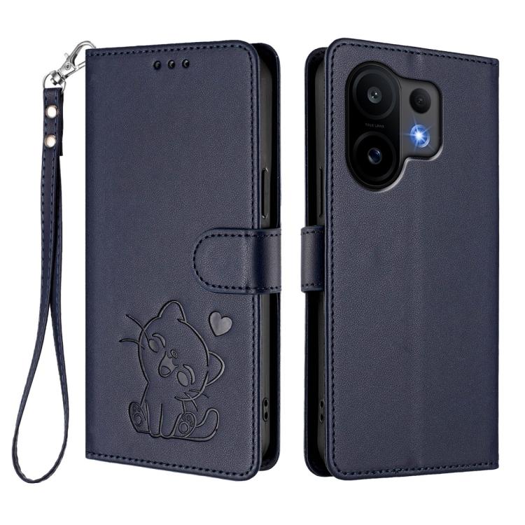 For vivo S30 Embossed Heart Cat Leather Phone Case with Hand Strap