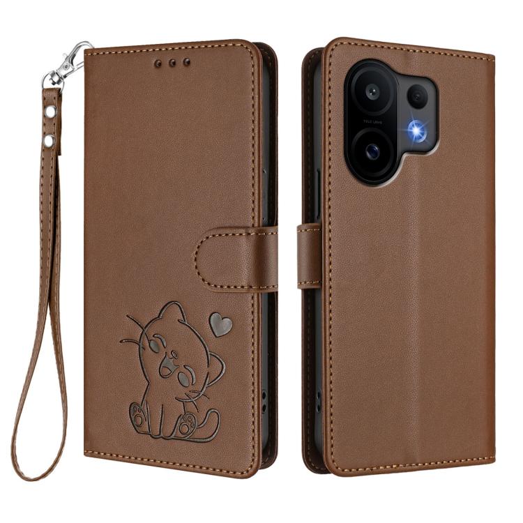 For vivo S30 Embossed Heart Cat Leather Phone Case with Hand Strap