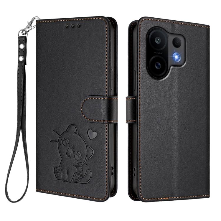 For vivo S30 Embossed Heart Cat Leather Phone Case with Hand Strap