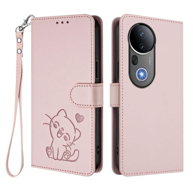 For vivo S20 Pro Embossed Heart Cat Leather Phone Case with Hand Strap