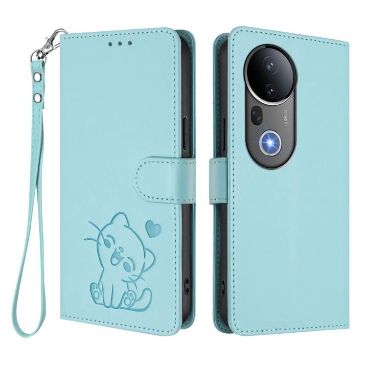 For vivo S20 Pro Embossed Heart Cat Leather Phone Case with Hand Strap