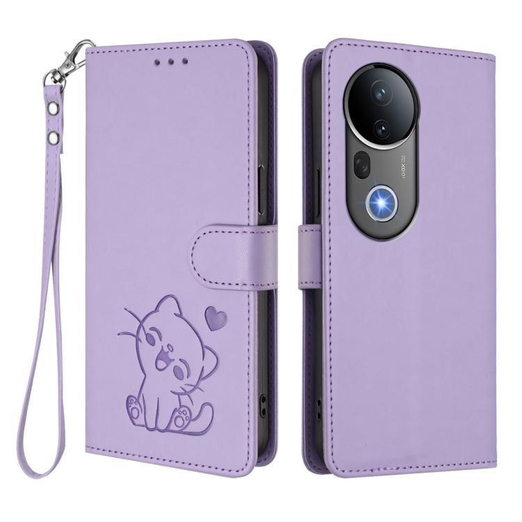 For vivo S20 Pro Embossed Heart Cat Leather Phone Case with Hand Strap