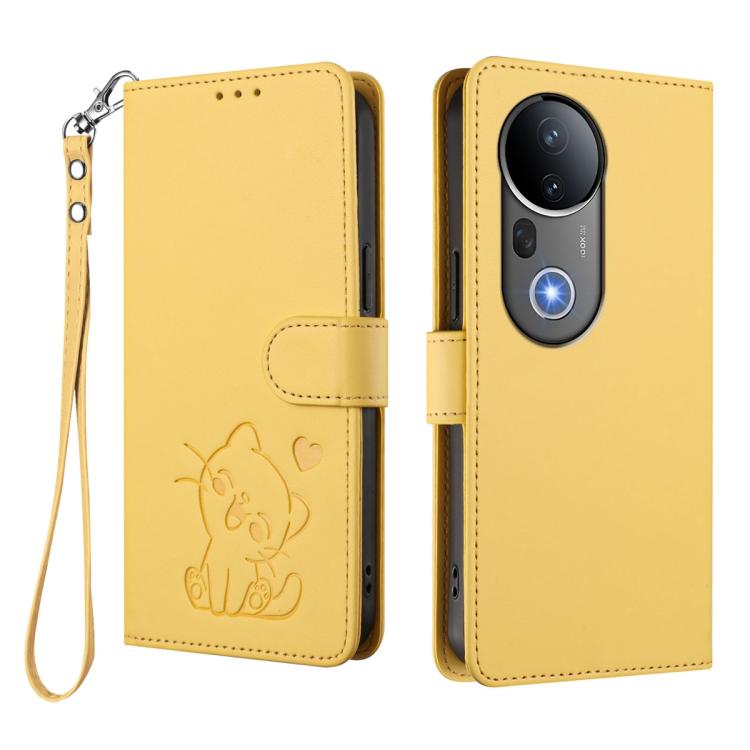 For vivo S20 Pro Embossed Heart Cat Leather Phone Case with Hand Strap