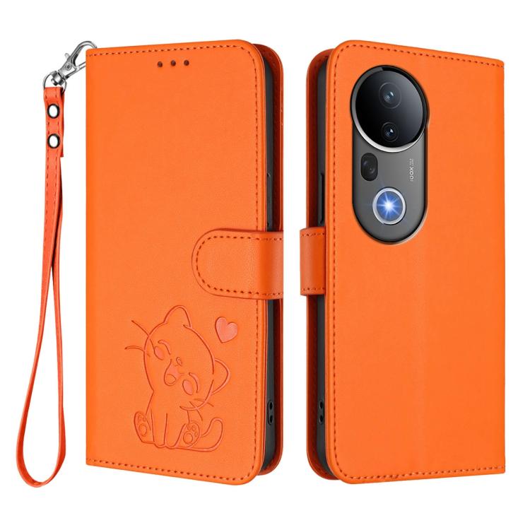 For vivo S20 Pro Embossed Heart Cat Leather Phone Case with Hand Strap