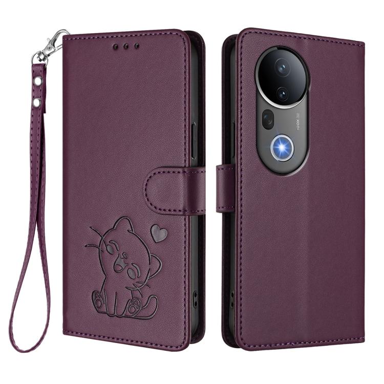 For vivo S20 Pro Embossed Heart Cat Leather Phone Case with Hand Strap