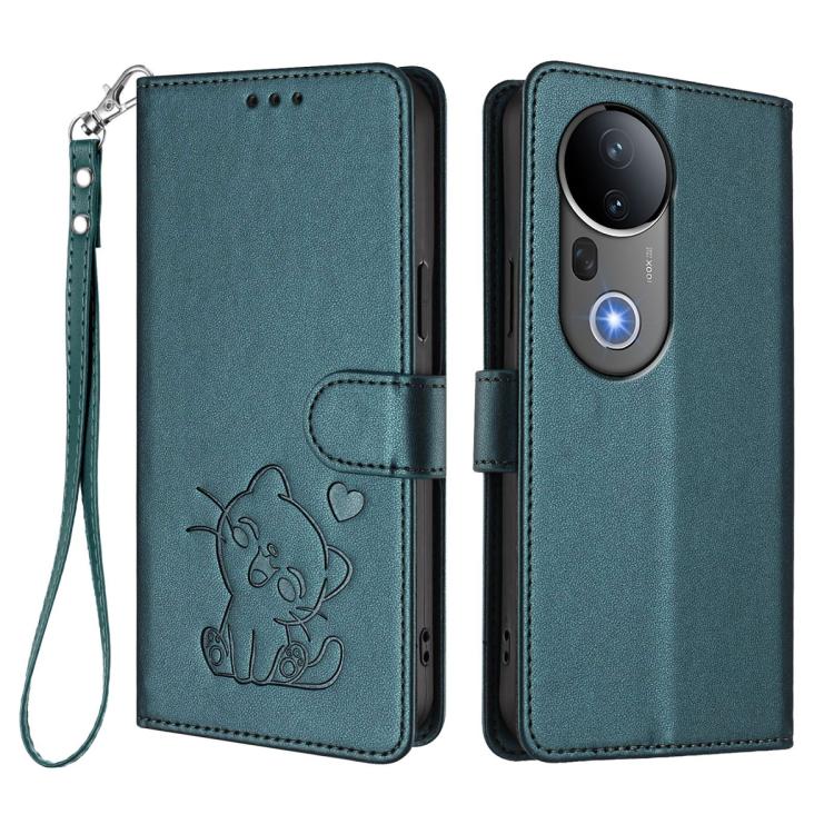 For vivo S20 Pro Embossed Heart Cat Leather Phone Case with Hand Strap