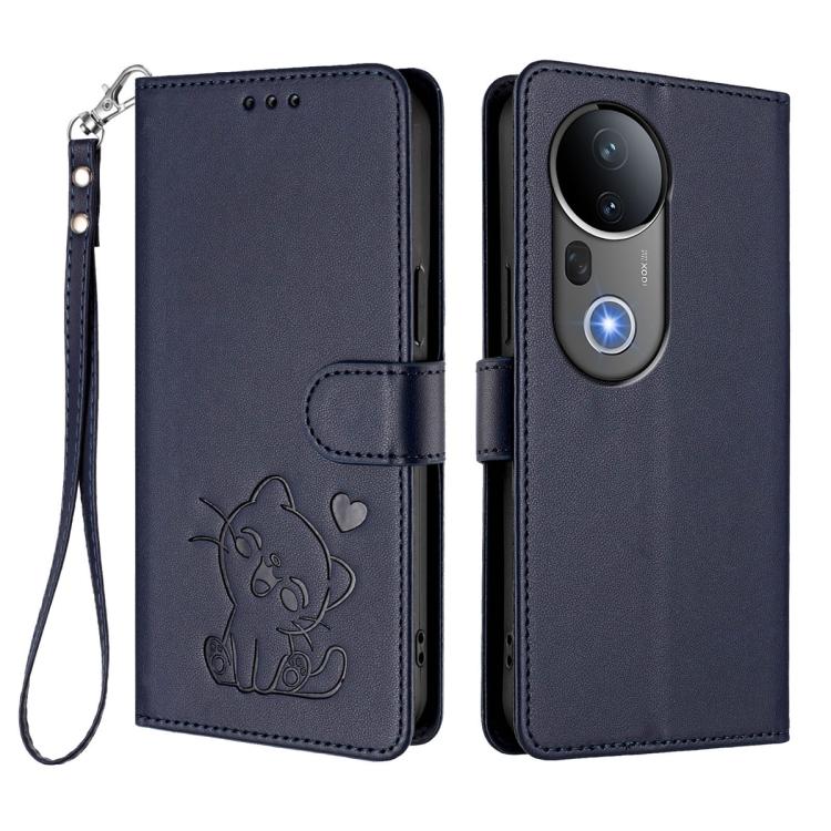 For vivo S20 Pro Embossed Heart Cat Leather Phone Case with Hand Strap