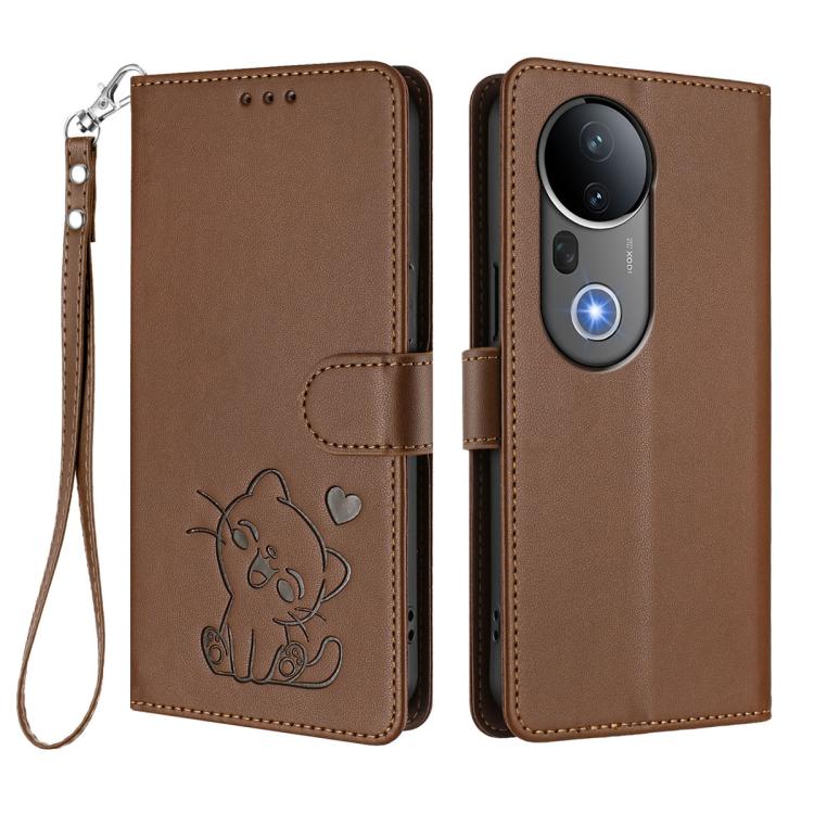 For vivo S20 Pro Embossed Heart Cat Leather Phone Case with Hand Strap