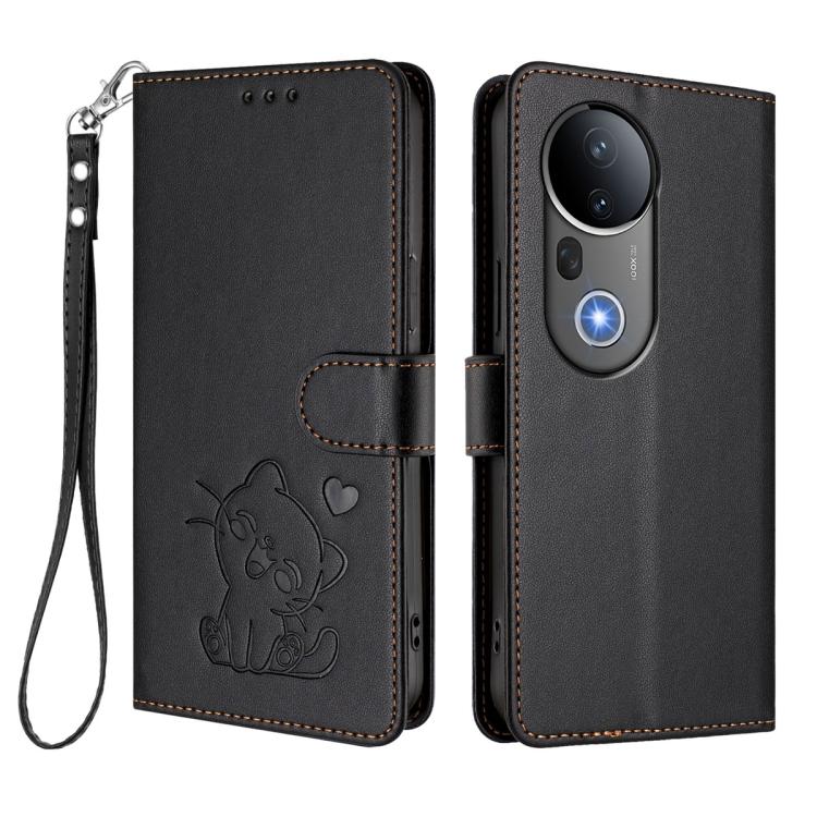 For vivo S20 Pro Embossed Heart Cat Leather Phone Case with Hand Strap