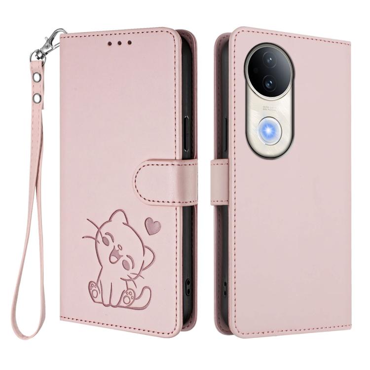 For vivo S20 Embossed Heart Cat Leather Phone Case with Hand Strap