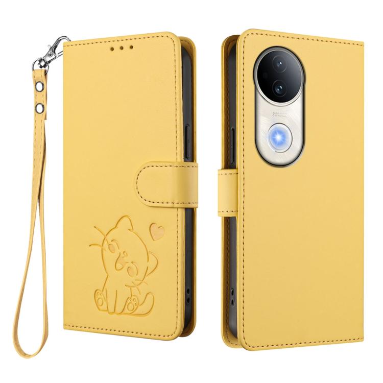 For vivo S20 Embossed Heart Cat Leather Phone Case with Hand Strap