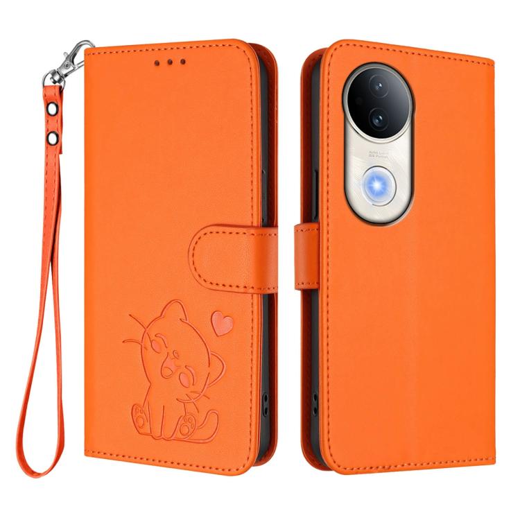 For vivo S20 Embossed Heart Cat Leather Phone Case with Hand Strap