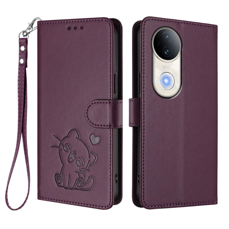 For vivo S20 Embossed Heart Cat Leather Phone Case with Hand Strap