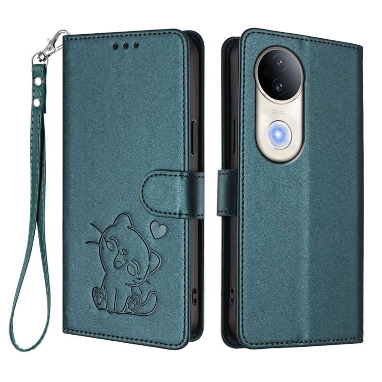For vivo S20 Embossed Heart Cat Leather Phone Case with Hand Strap