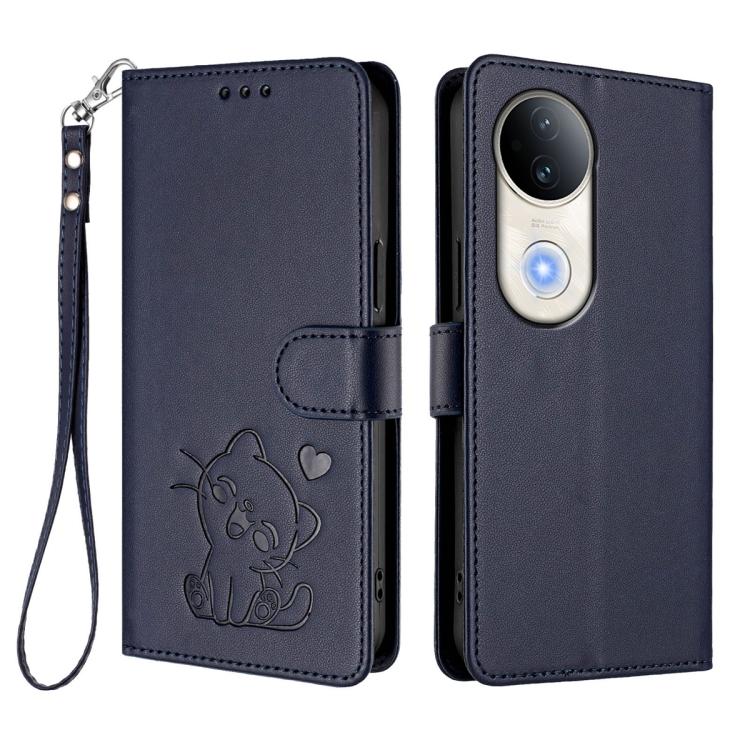 For vivo S20 Embossed Heart Cat Leather Phone Case with Hand Strap