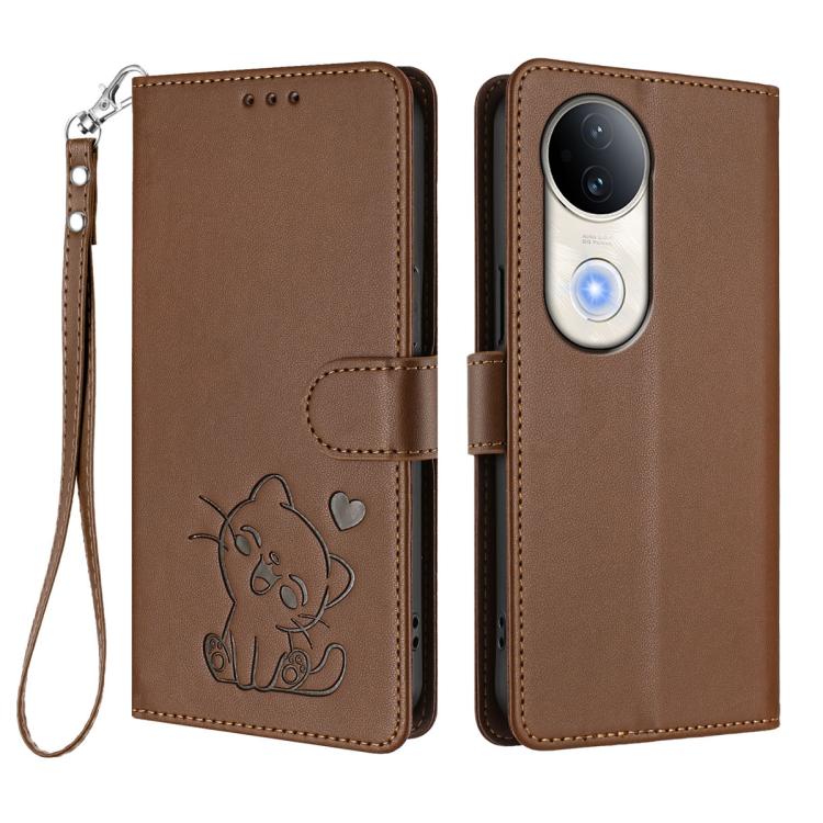 For vivo S20 Embossed Heart Cat Leather Phone Case with Hand Strap