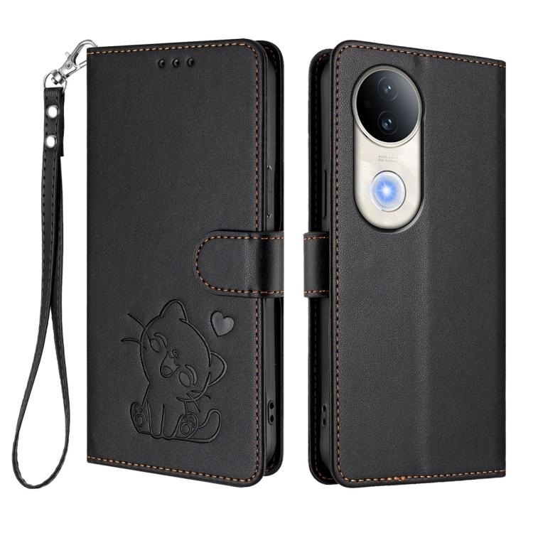 For vivo S20 Embossed Heart Cat Leather Phone Case with Hand Strap