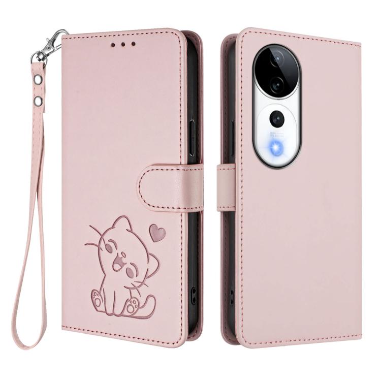 For vivo S19 Pro / V40 / V40 Pro / T3 Ultra Embossed Heart Cat Leather Phone Case with Hand Strap