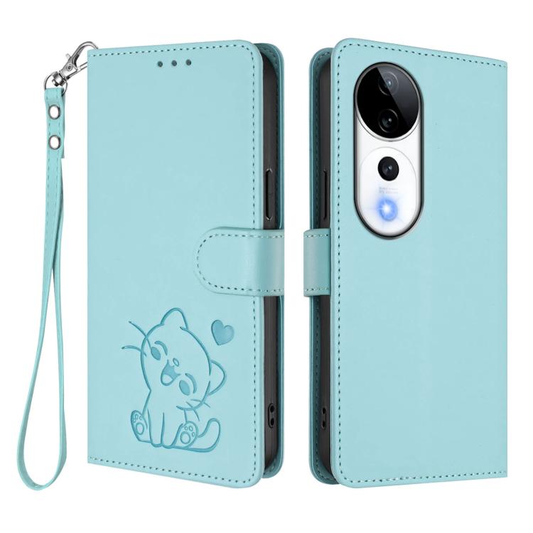 For vivo S19 Pro / V40 / V40 Pro / T3 Ultra Embossed Heart Cat Leather Phone Case with Hand Strap