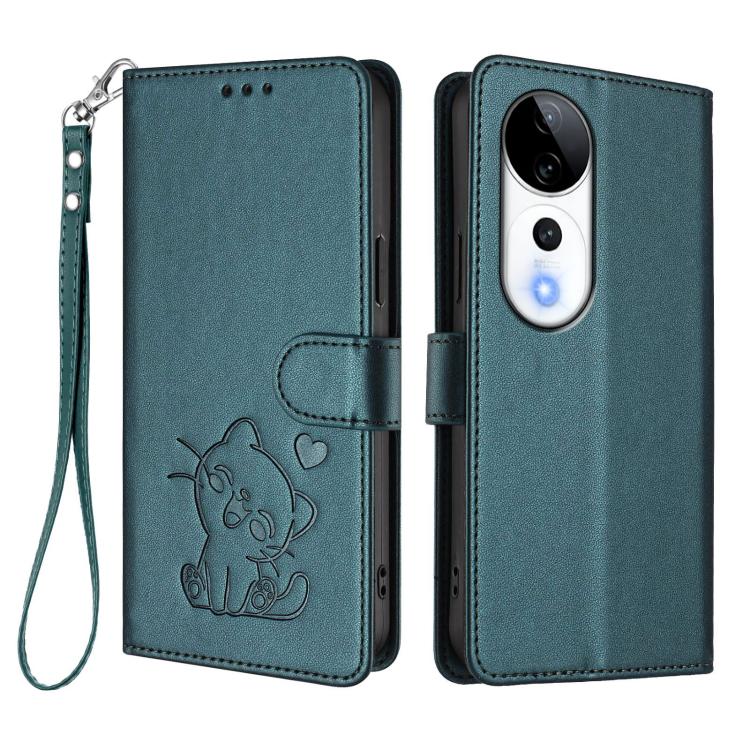For vivo S19 Pro / V40 / V40 Pro / T3 Ultra Embossed Heart Cat Leather Phone Case with Hand Strap