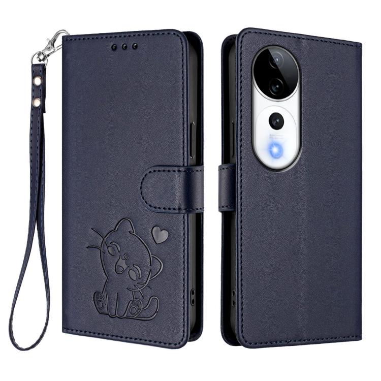 For vivo S19 Pro / V40 / V40 Pro / T3 Ultra Embossed Heart Cat Leather Phone Case with Hand Strap