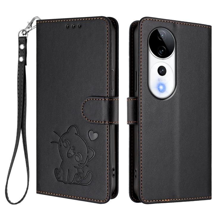 For vivo S19 Pro / V40 / V40 Pro / T3 Ultra Embossed Heart Cat Leather Phone Case with Hand Strap