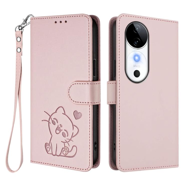 For vivo S19 Embossed Heart Cat Leather Phone Case with Hand Strap
