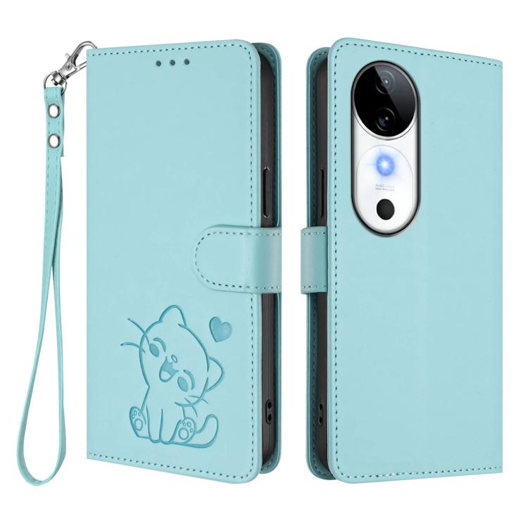 For vivo S19 Embossed Heart Cat Leather Phone Case with Hand Strap