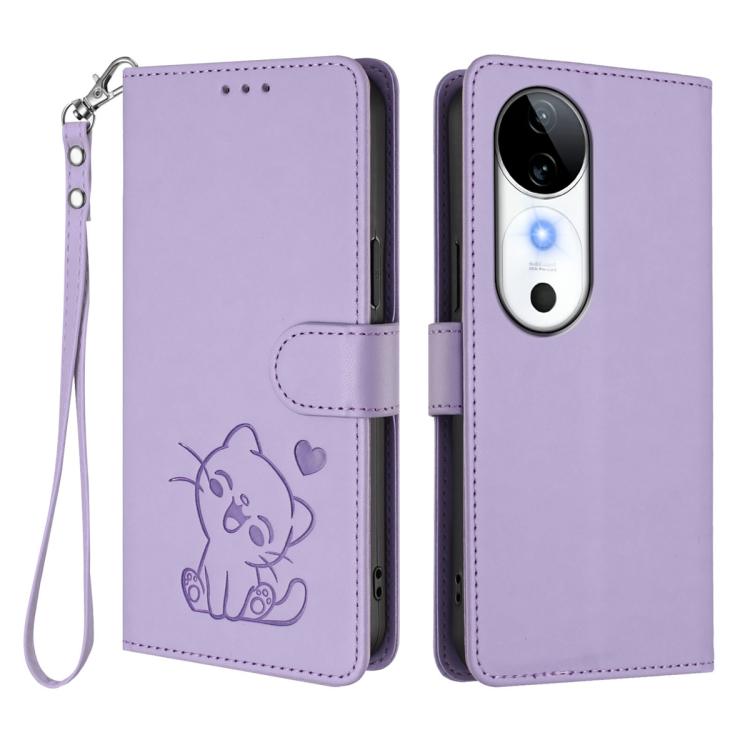 For vivo S19 Embossed Heart Cat Leather Phone Case with Hand Strap