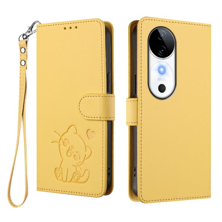 For vivo S19 Embossed Heart Cat Leather Phone Case with Hand Strap
