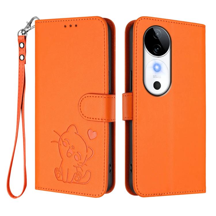 For vivo S19 Embossed Heart Cat Leather Phone Case with Hand Strap