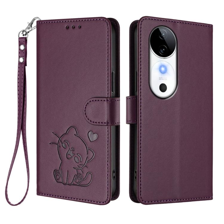 For vivo S19 Embossed Heart Cat Leather Phone Case with Hand Strap