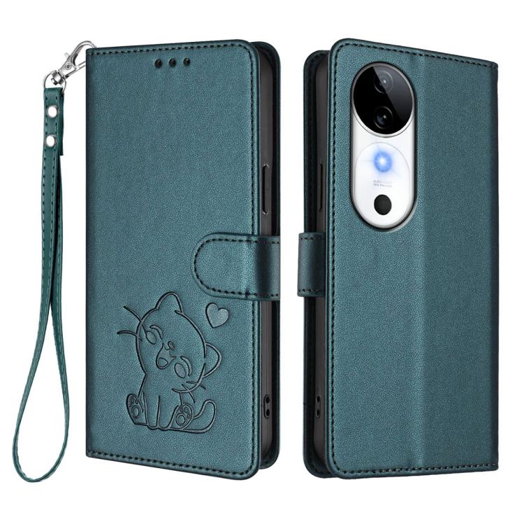 For vivo S19 Embossed Heart Cat Leather Phone Case with Hand Strap