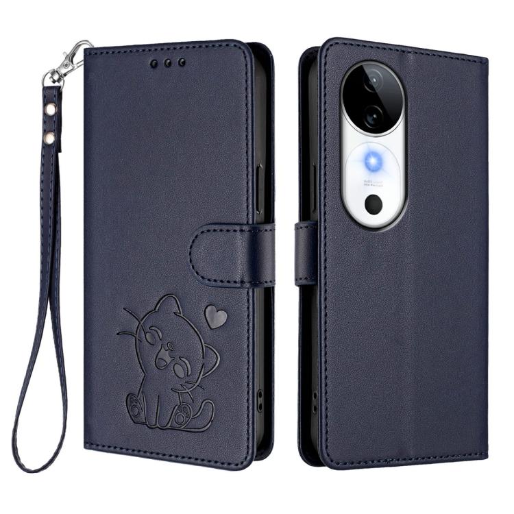 For vivo S19 Embossed Heart Cat Leather Phone Case with Hand Strap