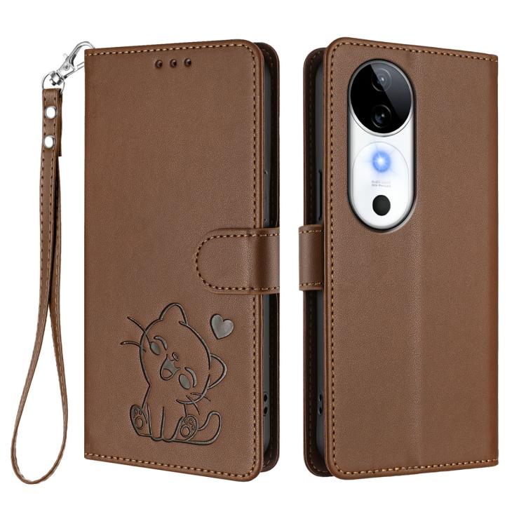 For vivo S19 Embossed Heart Cat Leather Phone Case with Hand Strap