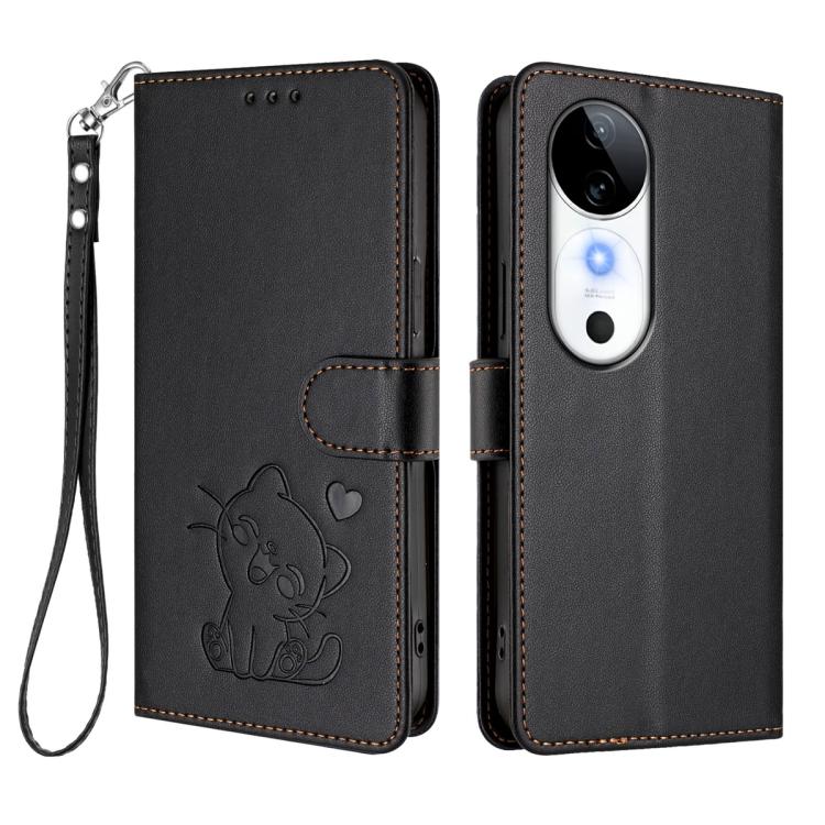 For vivo S19 Embossed Heart Cat Leather Phone Case with Hand Strap