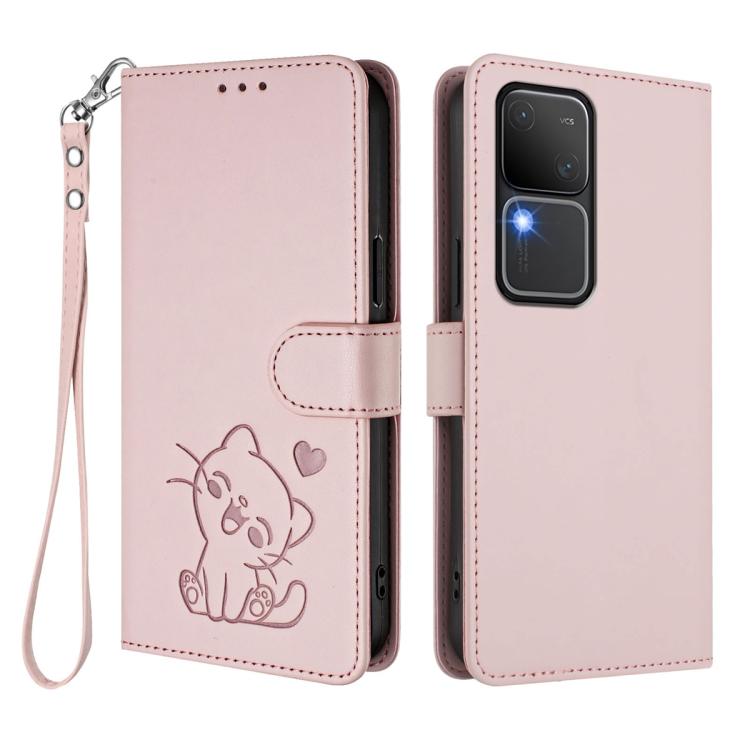 For vivo S18 / S18 Pro / V30 / V30 Pro Embossed Heart Cat Leather Phone Case with Hand Strap