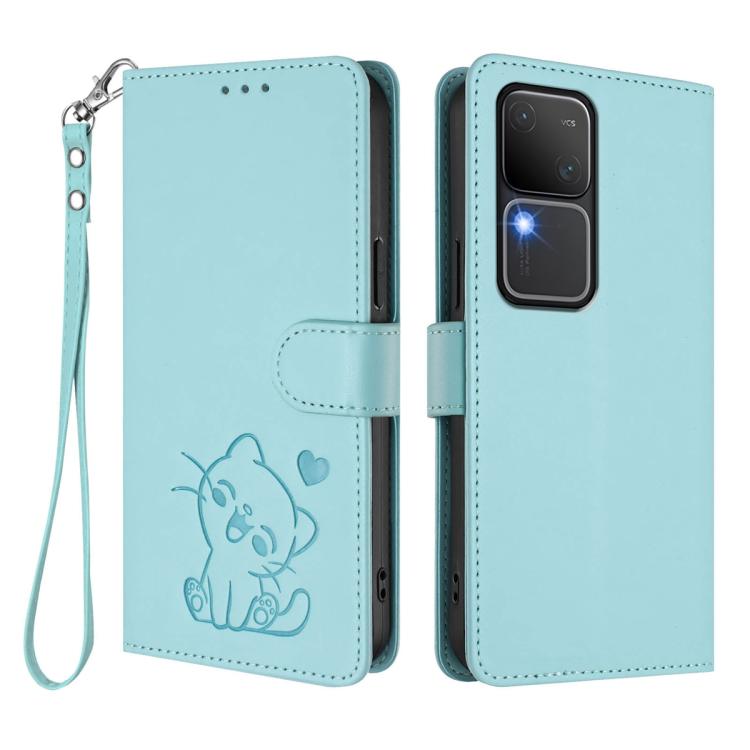 For vivo S18 / S18 Pro / V30 / V30 Pro Embossed Heart Cat Leather Phone Case with Hand Strap